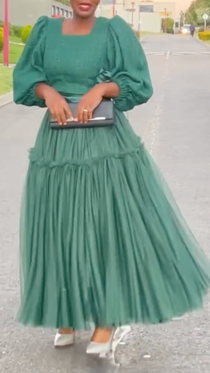 Green Puff Sleeve Top &amp; Tiered Tulle Skirt Co-Ord Set