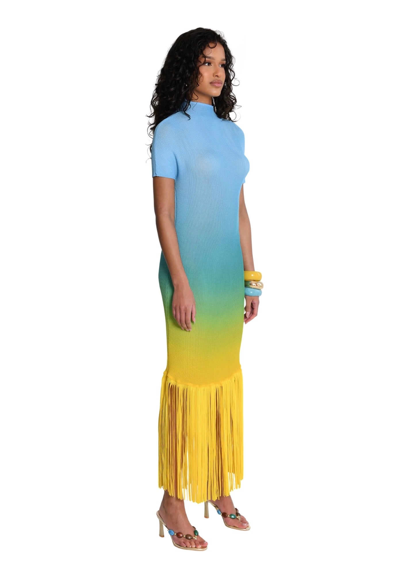 Ombré-effect stretch maxi skirt with fringe detail