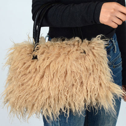 Imitation Wool Tote Bag With Genuine Leather Handles Handbag