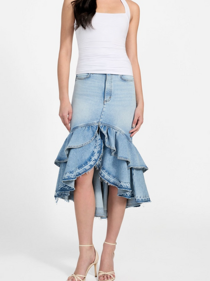 Layered Hem Denim High Waist Midi Skirt