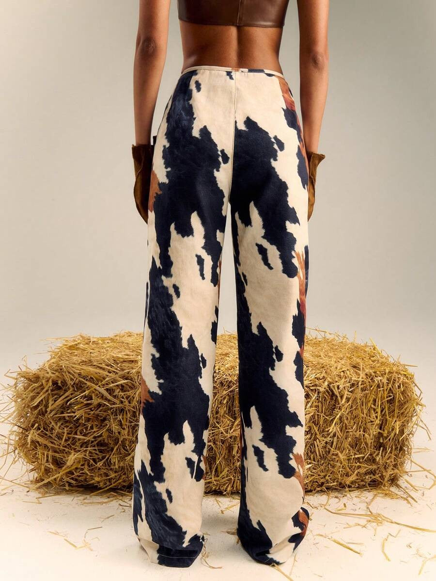 Cow print straight-leg pants