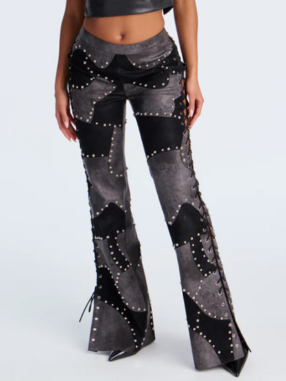 Faux-Leather Patchwork Flared Pants