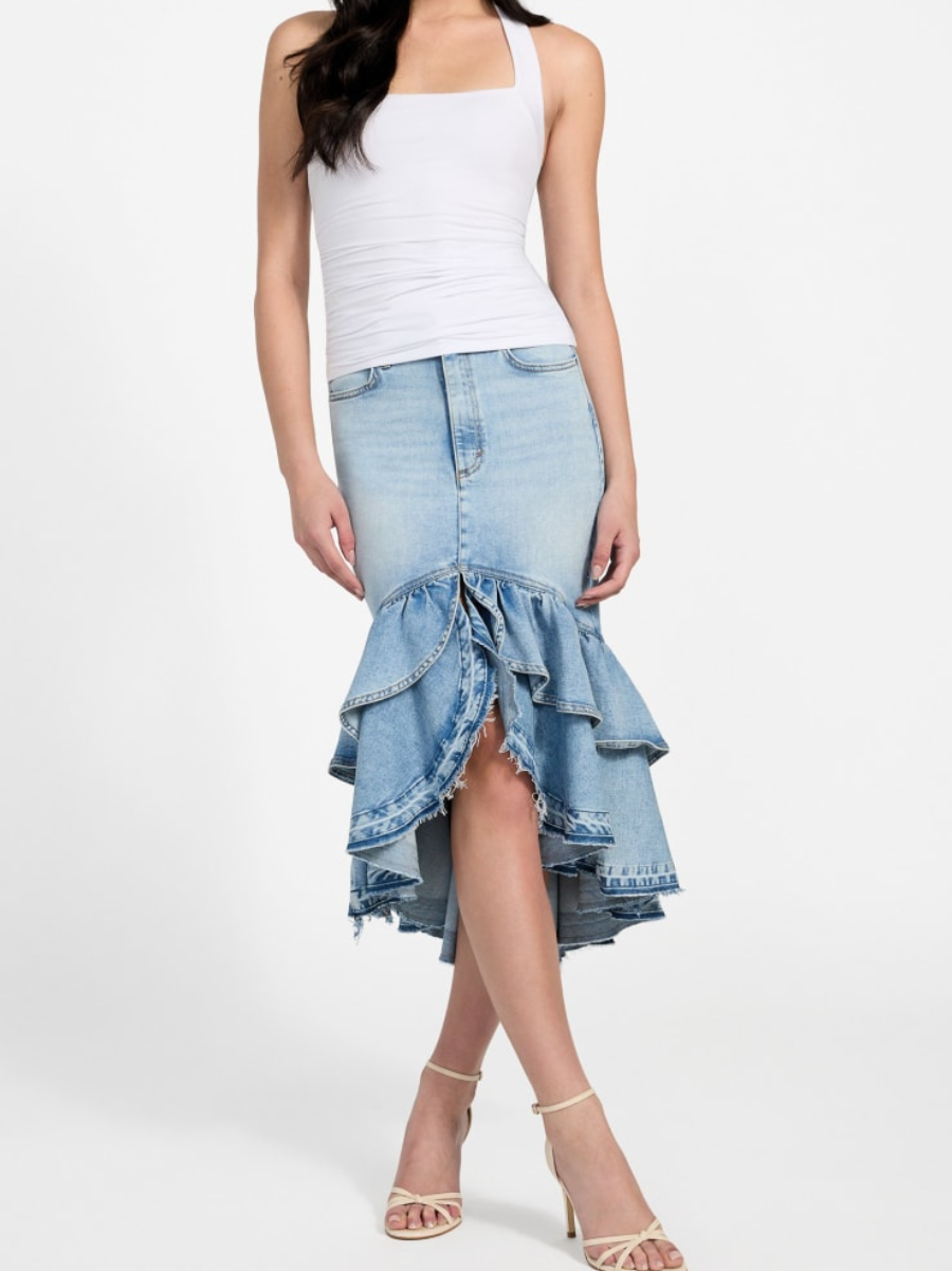 Layered Hem Denim High Waist Midi Skirt