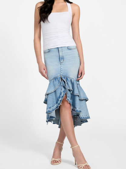 Layered Hem Denim High Waist Midi Skirt