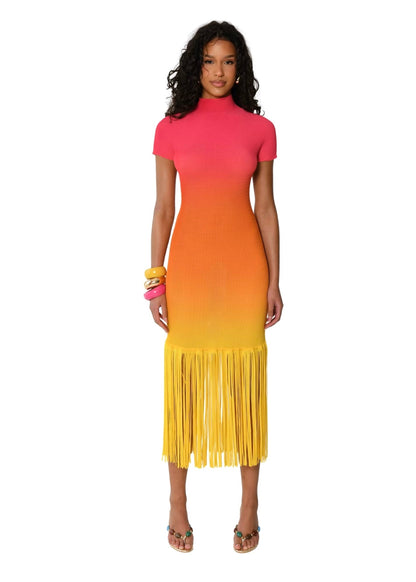 Ombré-effect stretch maxi skirt with fringe detail