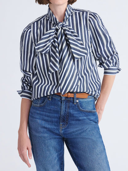 Tie Neck Puff Sleeves Striped Print Blouse