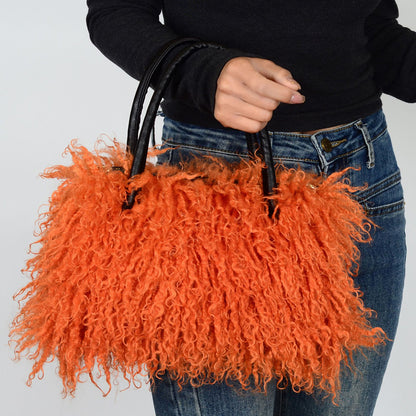 Imitation Wool Tote Bag With Genuine Leather Handles Handbag