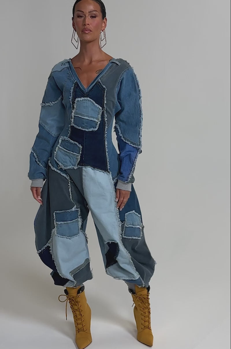 COMFY COZY JUMPSUIT IN DENIM PATCHWORK