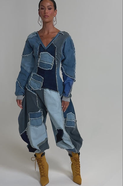 COMFY COZY JUMPSUIT IN DENIM PATCHWORK