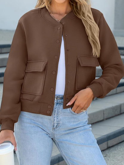 Fashion Thread Double Pocket Cropped Bomber Jacket