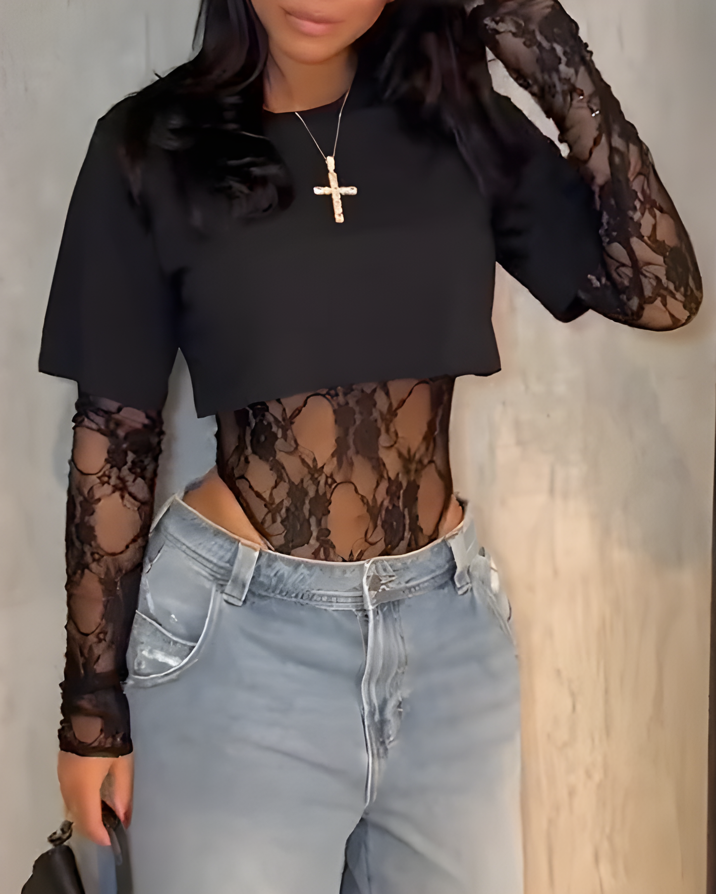 Lace Bodysuit T-Shirt Two-Piece Set