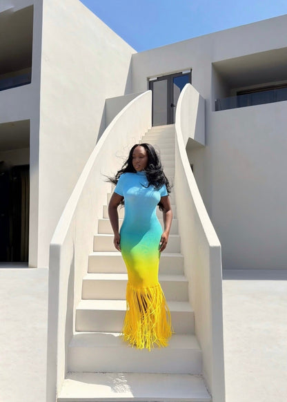 Ombré-effect stretch maxi skirt with fringe detail