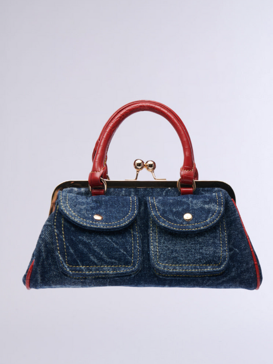 Double Pocket Denim Kiss Lock Tote