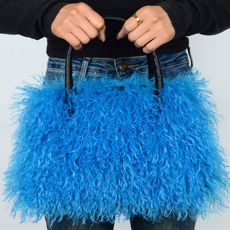 Imitation Wool Tote Bag With Genuine Leather Handles Handbag