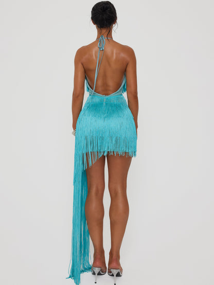 Tiered fringe halter dress