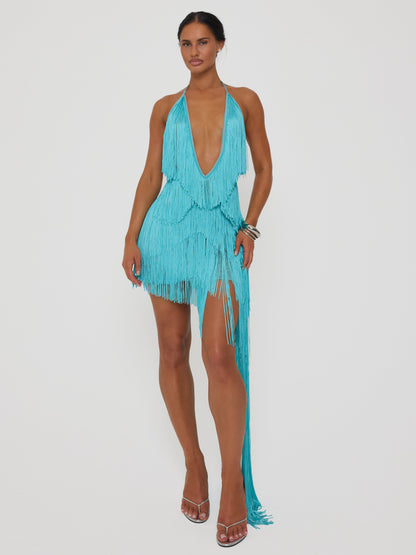Tiered fringe halter dress