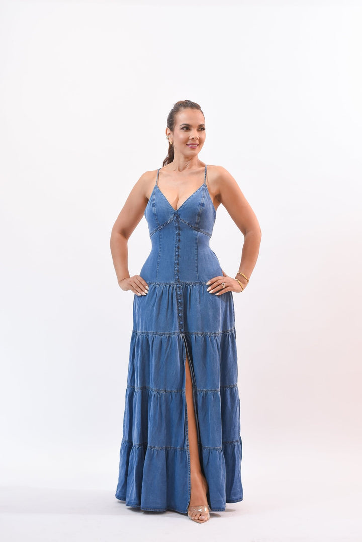 Denim slit halterneck long skirt