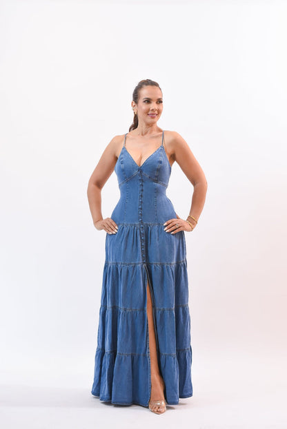 Denim slit halterneck long skirt