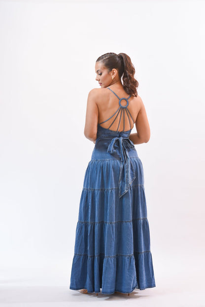 Denim slit halterneck long skirt