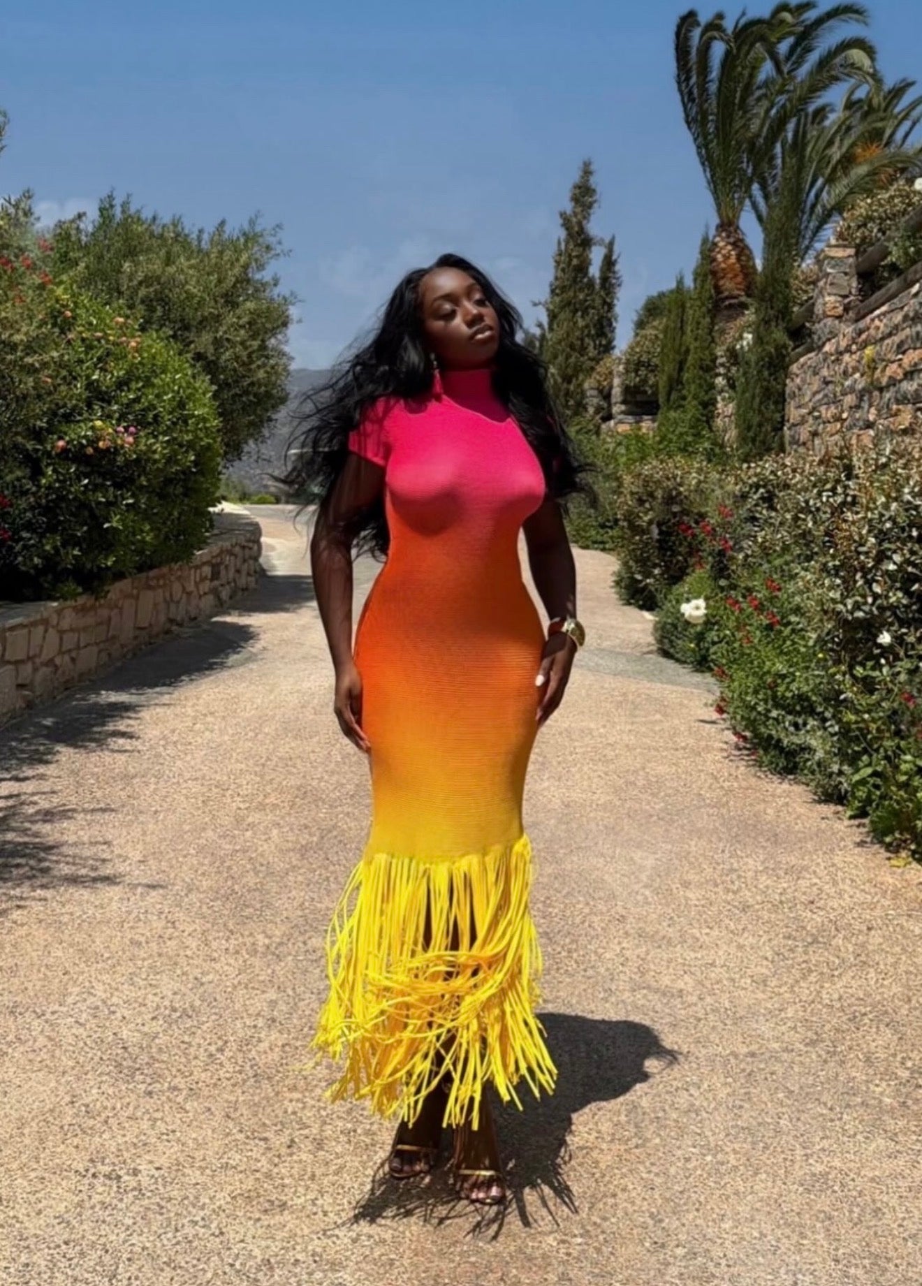 Ombré-effect stretch maxi skirt with fringe detail