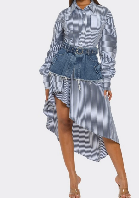Striped shirt dress with denim corset