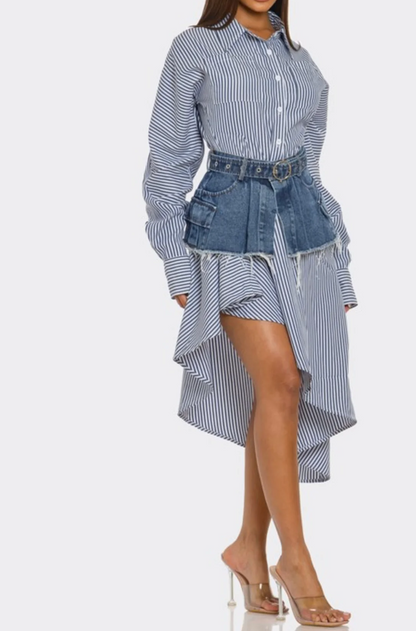 Striped shirt dress with denim corset