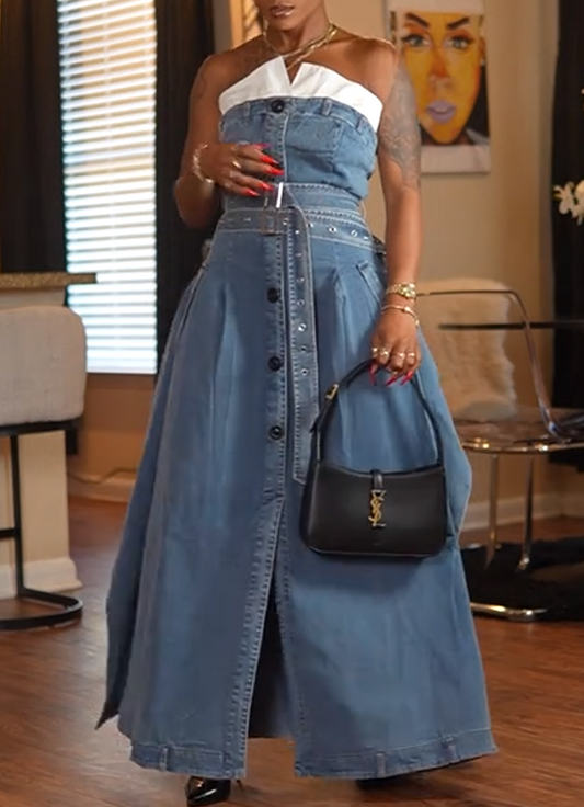 Single-breasted double-belt wrap dress with a wide skirt