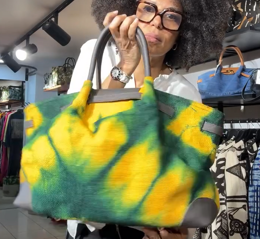 Leather-handled batik handbag