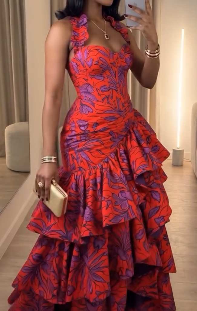 African print halter neck ruffle maxi dress