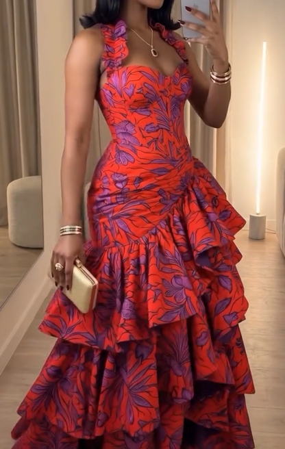 African print halter neck ruffle maxi dress