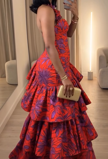 African print halter neck ruffle maxi dress