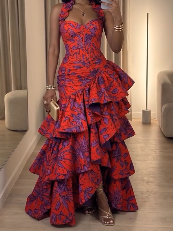 African print halter neck ruffle maxi dress