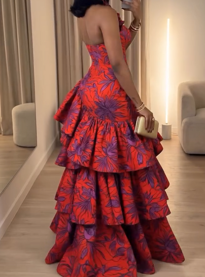African print halter neck ruffle maxi dress