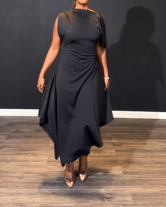 Asymmetric Sleeveless Pleated Midi Dress