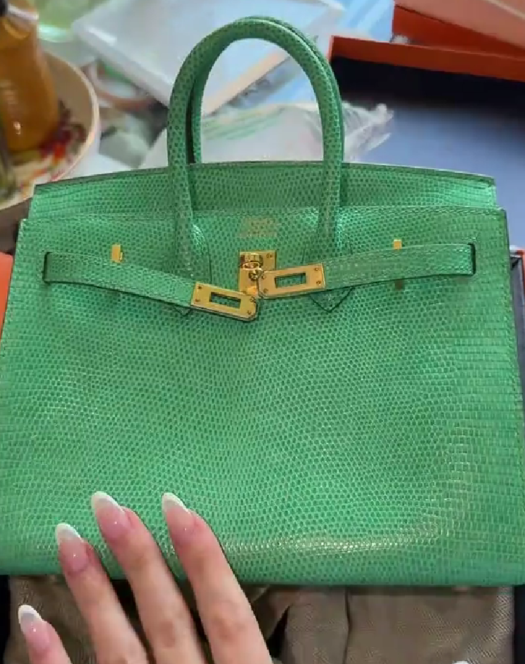Mint green glossy lizard leather Birkin bag