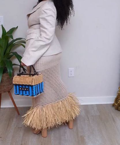 Straw-woven tassel knit bodycon dress
