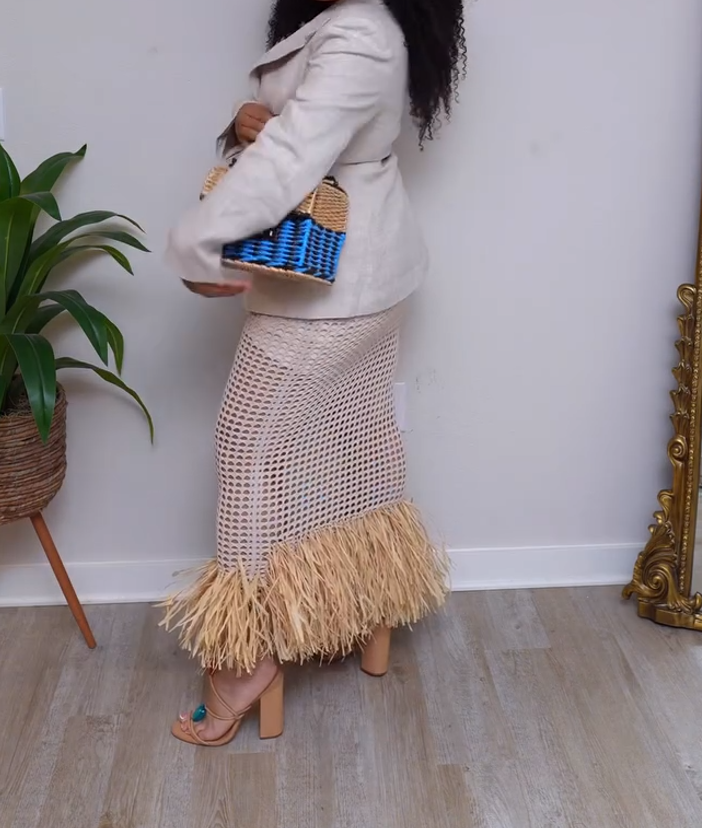 Straw-woven tassel knit bodycon dress