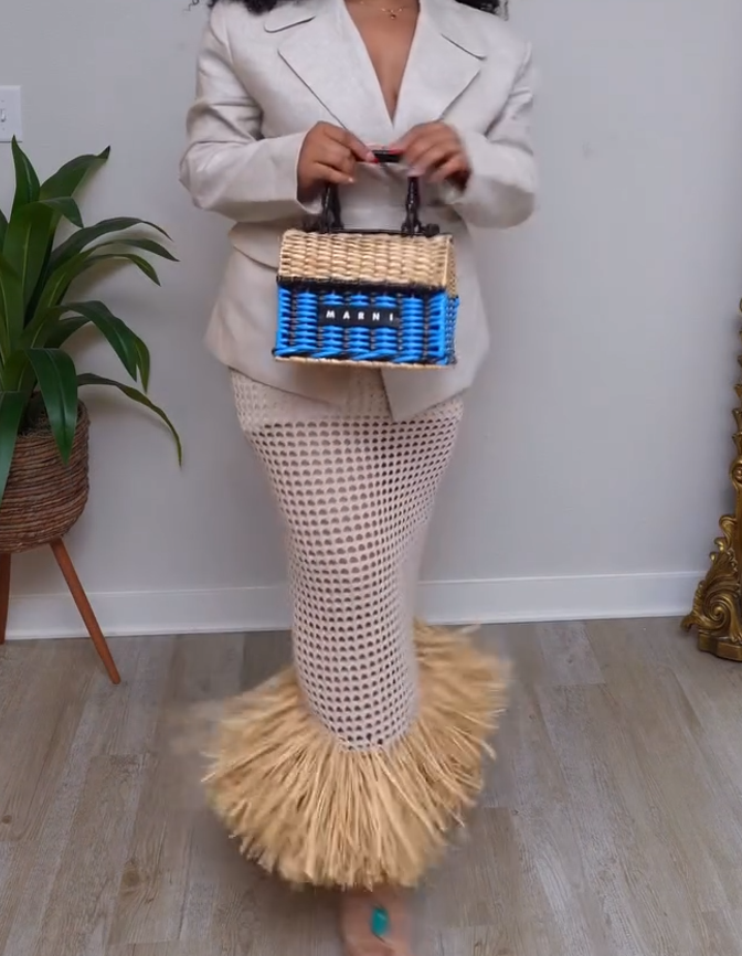 Straw-woven tassel knit bodycon dress
