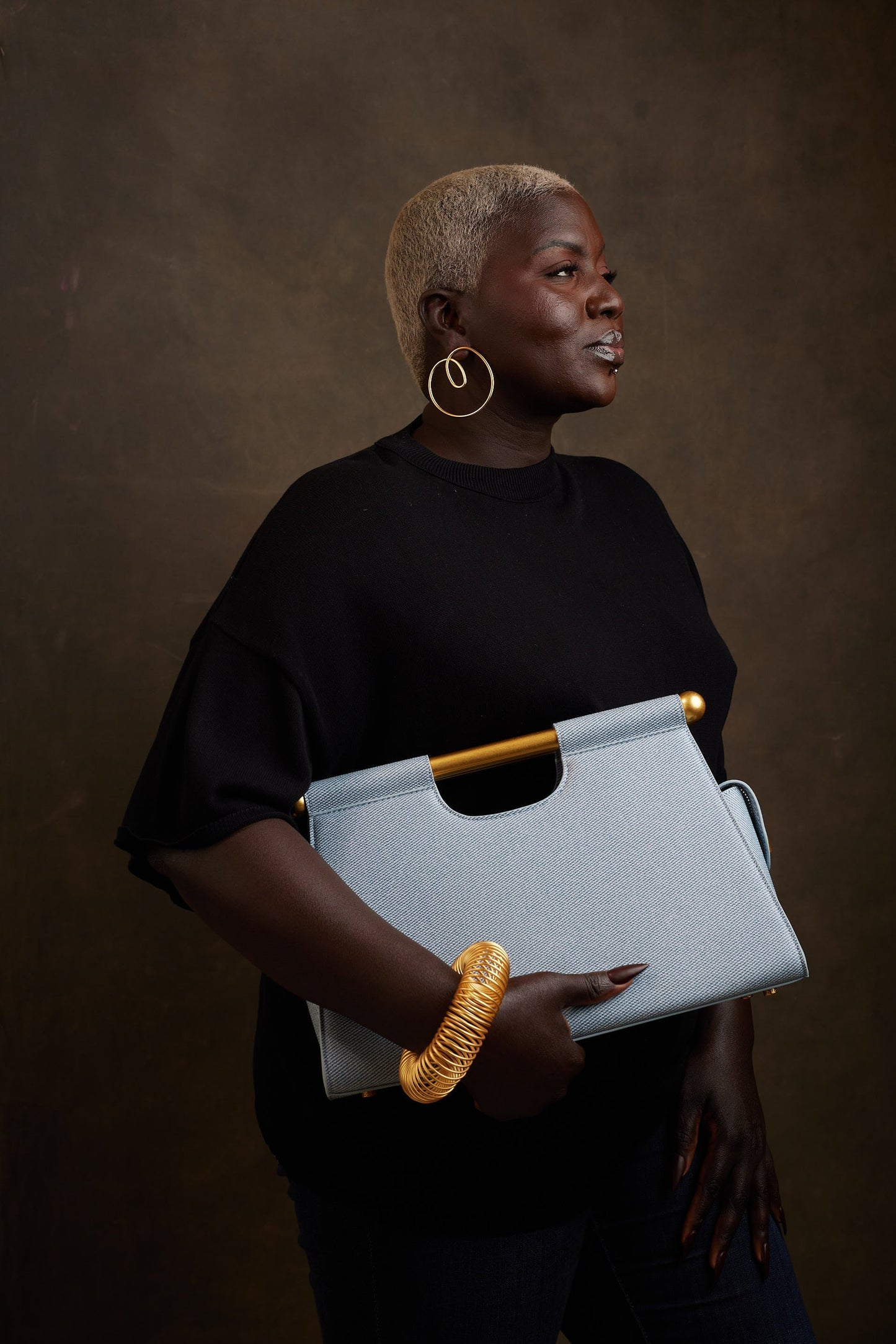 Structured light blue denim handbag