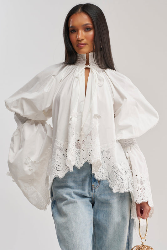 MARIA LACE TRIM POPLIN BLOUSE