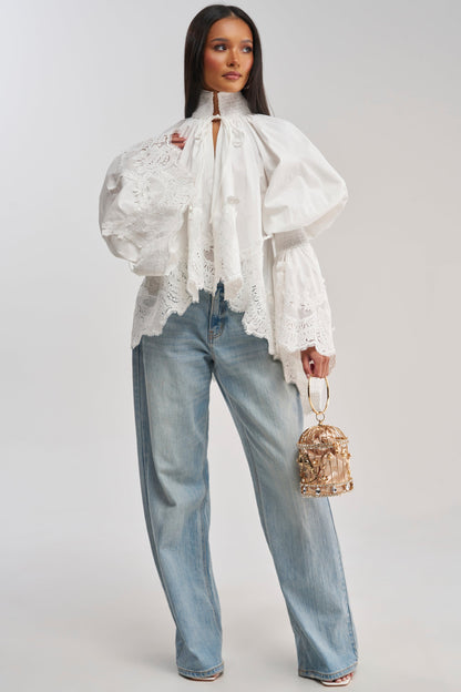 MARIA LACE TRIM POPLIN BLOUSE