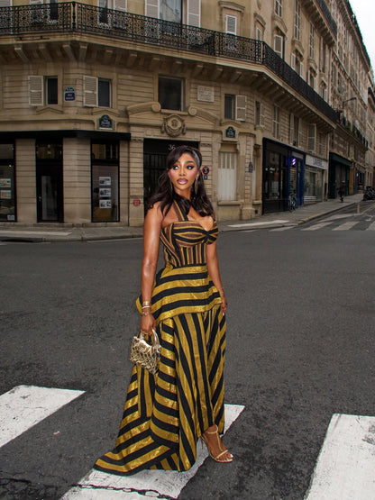 Crisscross Halter Striped Corset Asymmetrical Midi Dress