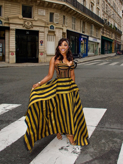 Crisscross Halter Striped Corset Asymmetrical Midi Dress