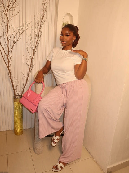Striped straight-leg pants with a drawstring waist