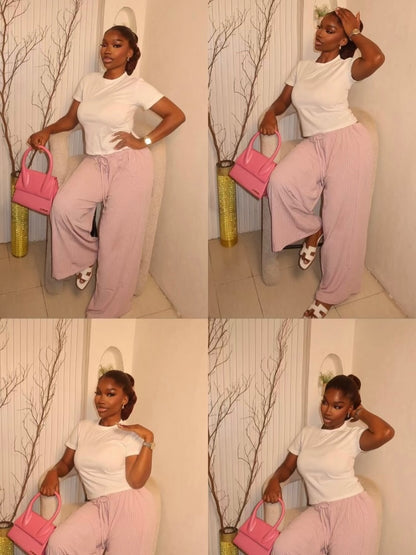 Striped straight-leg pants with a drawstring waist