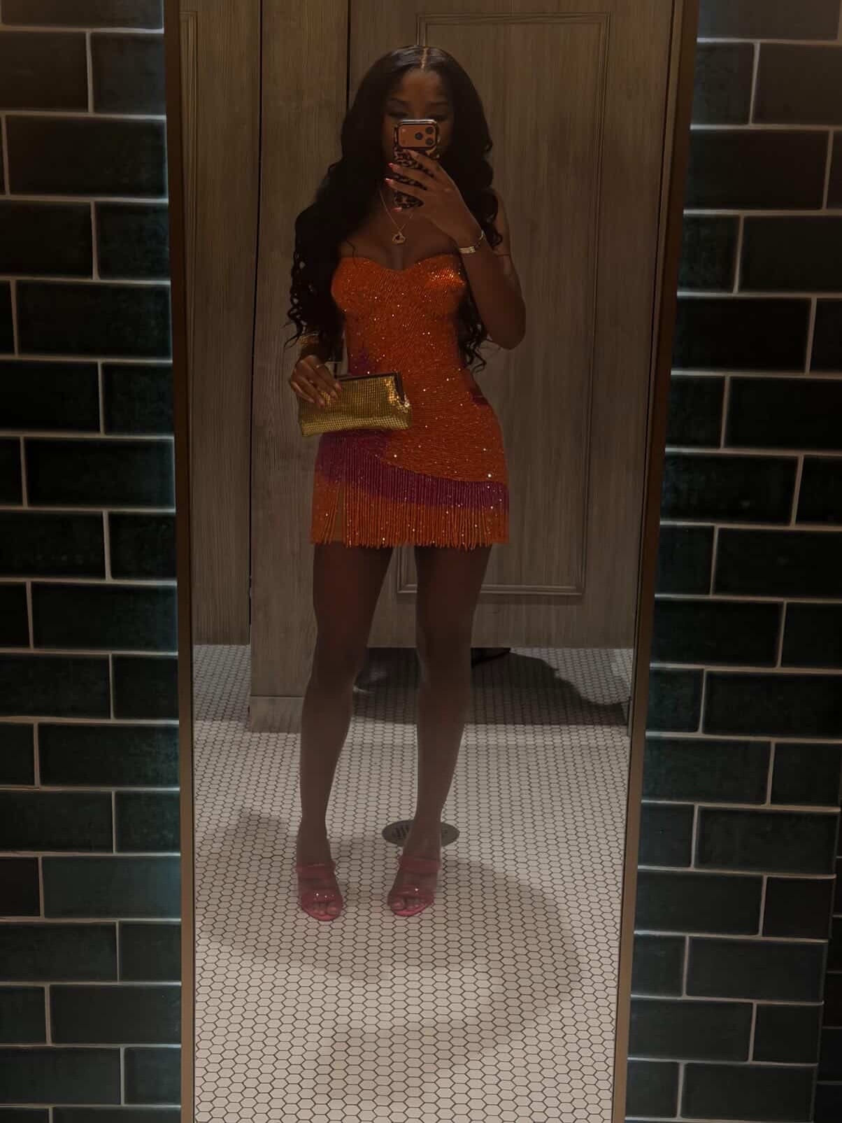 Beaded Tassel Strapless Mini Dress-orange