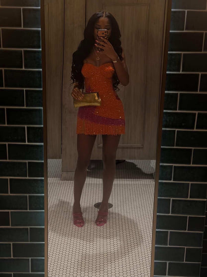 Beaded Tassel Strapless Mini Dress-orange