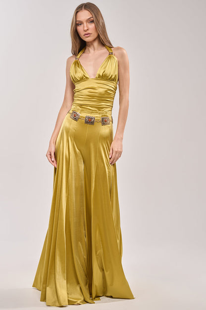 Satin halter top and wide-leg trousers set