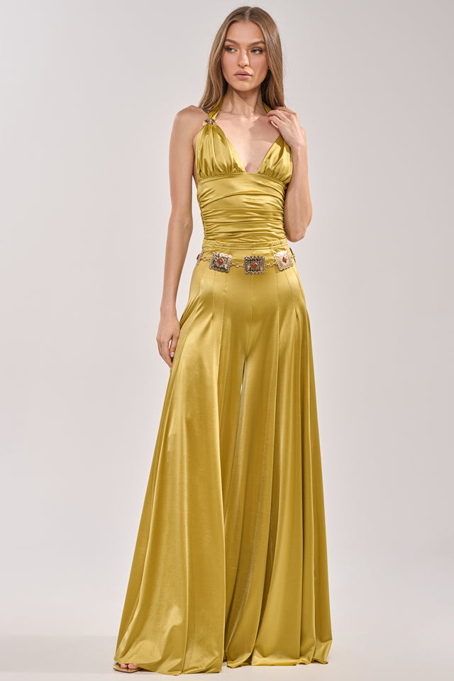 Satin halter top and wide-leg trousers set