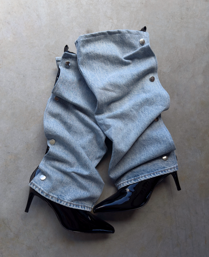 Detachable denim high-heeled boots